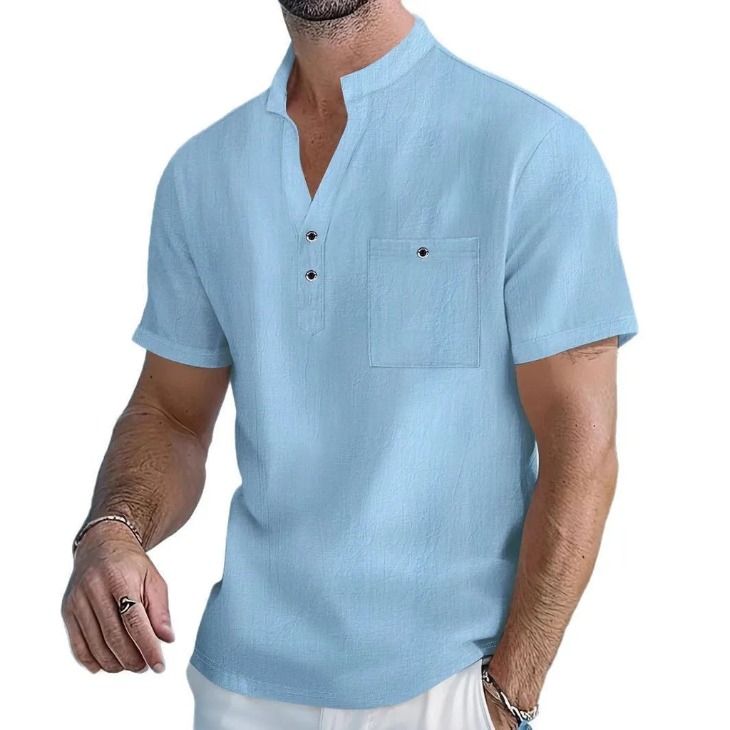 Men's loose fit stand collar linen short sleeve t-shirt in light blue colour.