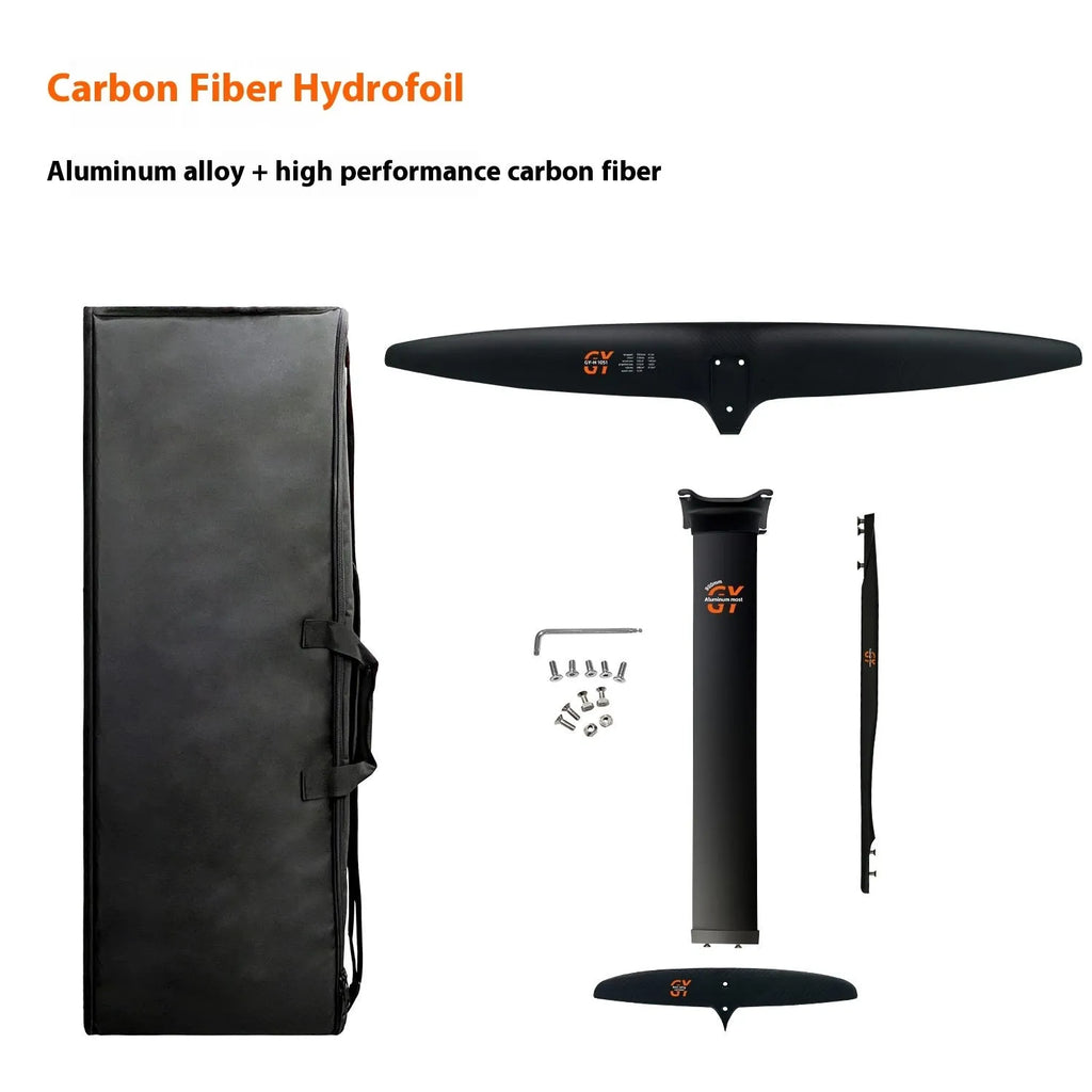 Black carbon fibre and aluminium racing surf hydrofoil with large front wing.