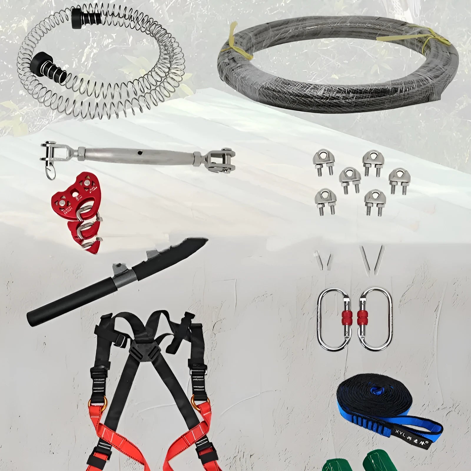 Children's 10 metre pulley slide rope set with alloy steel pulleys, handle, and safety components