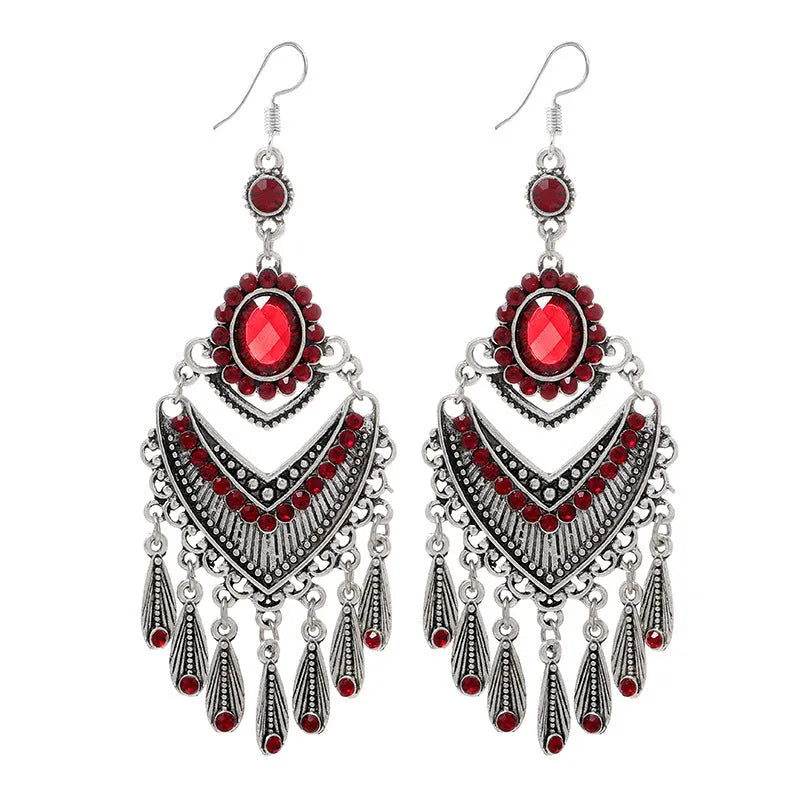 Purple crystal fringe drop earrings with retro court styling and alloy construction