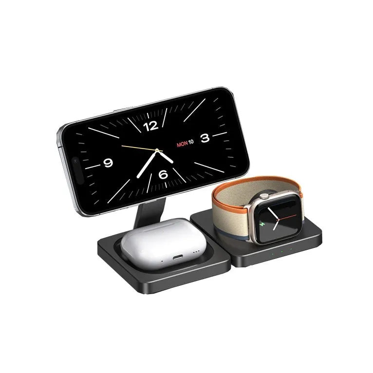 Three in one folding magnetic wireless charger in black, folded flat on a desk showing charging pads for phone and watch