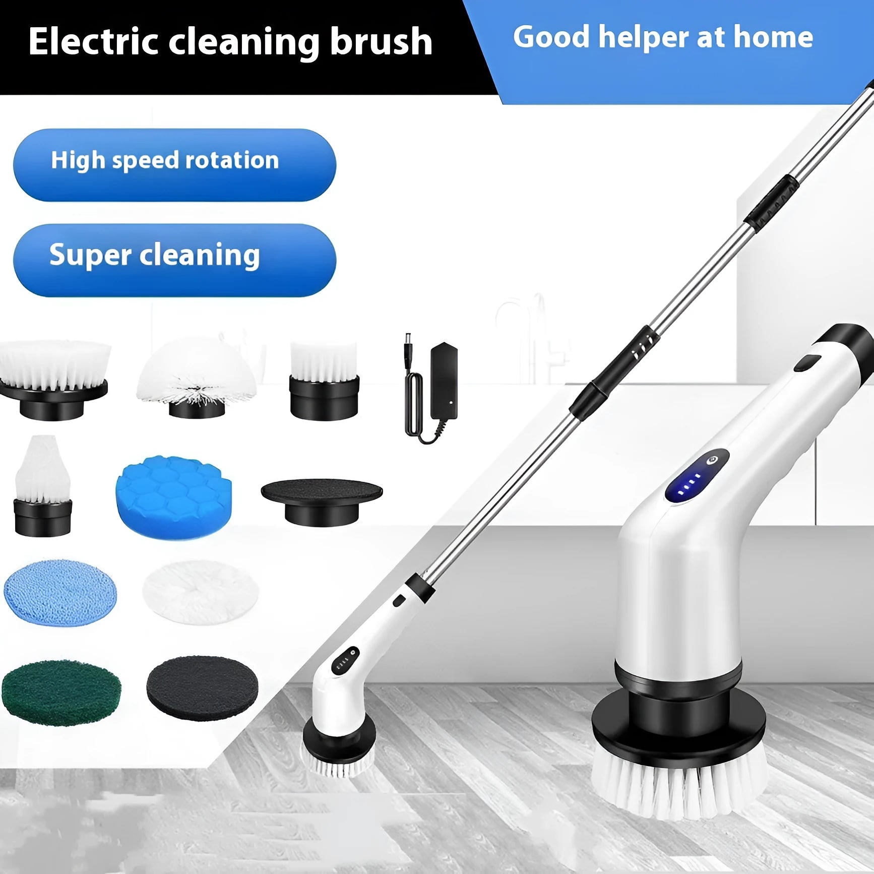 White rechargeable handheld cleaning ball with brush attachments and USB charging cable