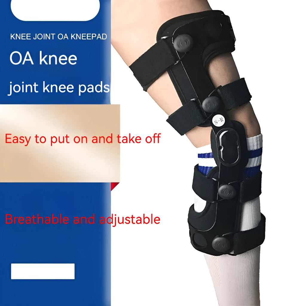 Black anterior ligament knee pad supporter showing multi-material construction and buckle fastenings.