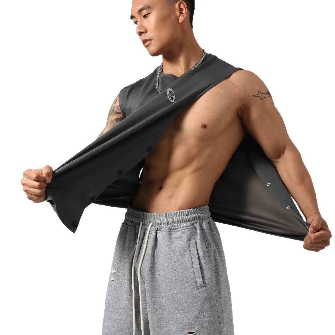 Men's black Korean style loose cotton fitness vest showing hidden hook side detail