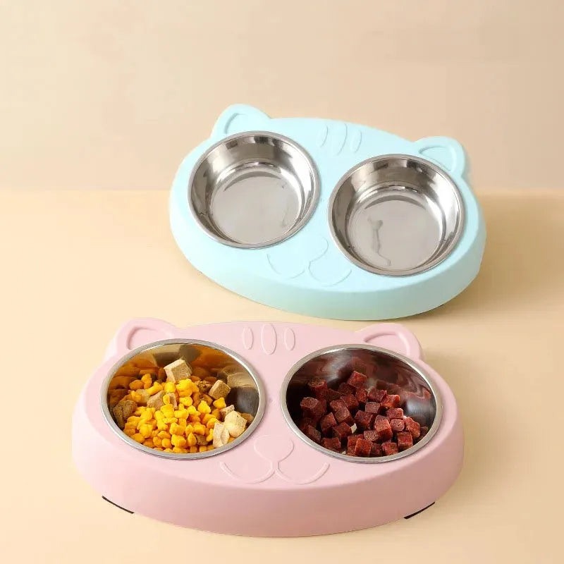 Plastic double bowl pet feeder tray in blue colour for cat and dog feeding