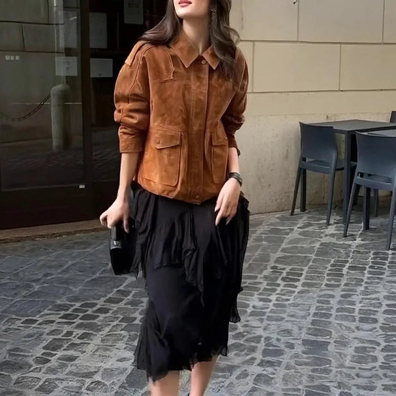 Women's brown suede coat with regular sleeves in street chic style showing front view