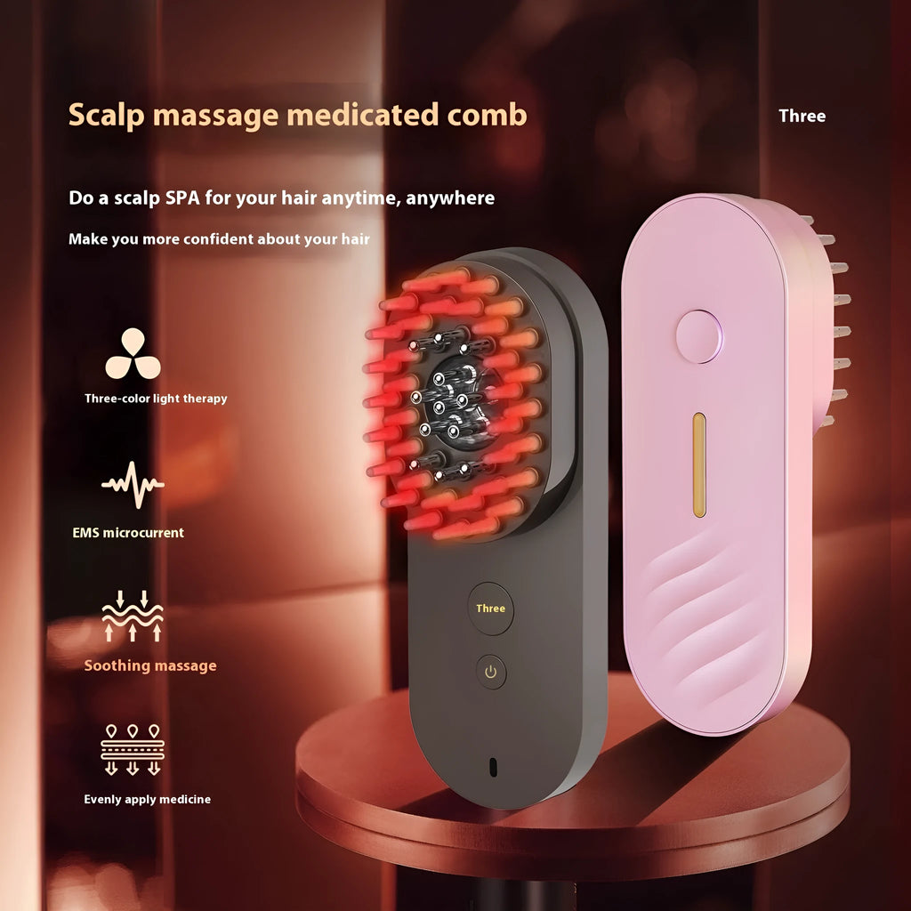 Smart massage comb with red light therapy in pink or black colour, under 10cm size