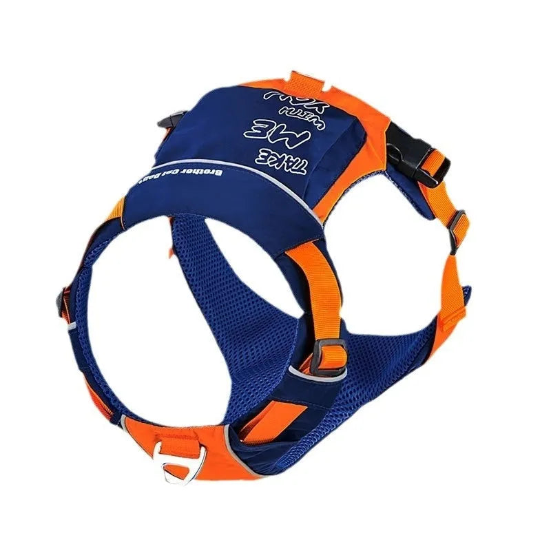 Orange blue nylon dog chest strap vest style with chain ring on neutral background