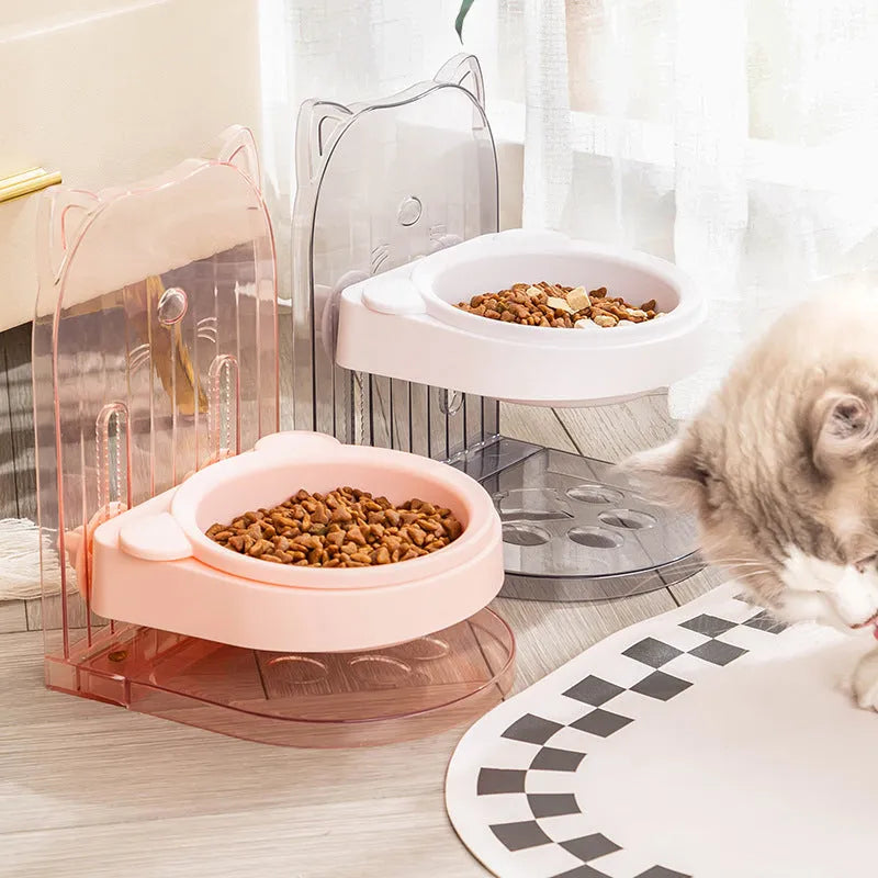 Grey cat ear anti-spill feeding bowl with adjustable height and removable hanging cage attachment