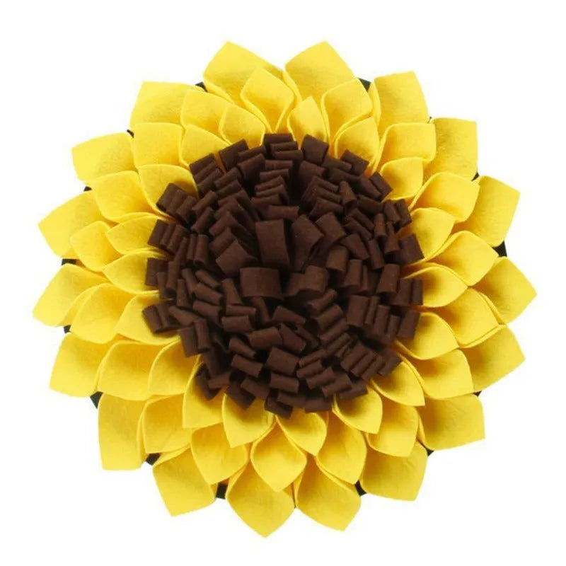 Yellow sunflower-shaped non-slip dog snuffle mat with fleece layers for slow feeding and nosework training