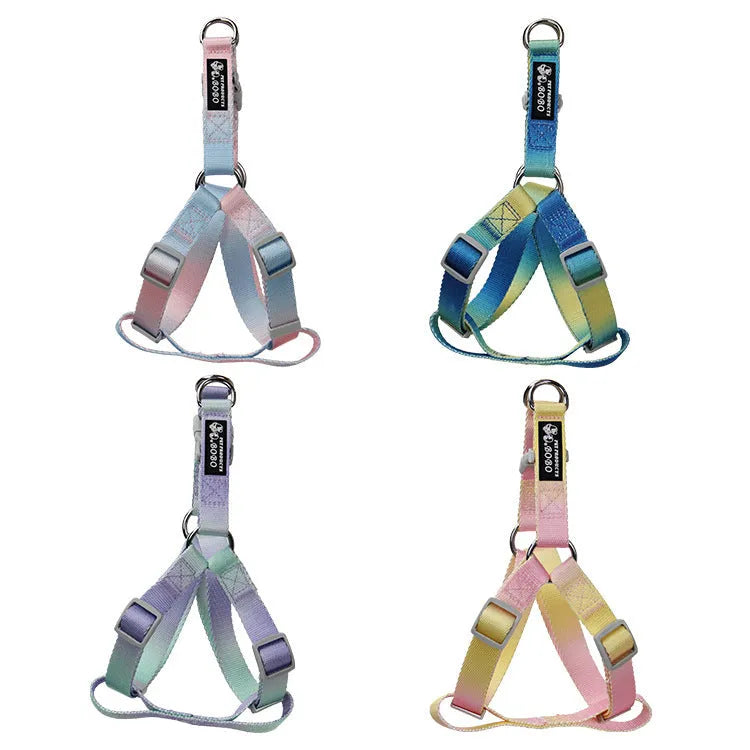 Gradient colour nylon dog leash shown in pink and yellow, configured as a chest strap harness.