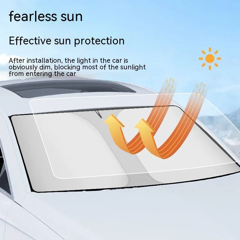 Car front sun shield made of NC fabric with a titanium silver reflective coating, shown rolled up.