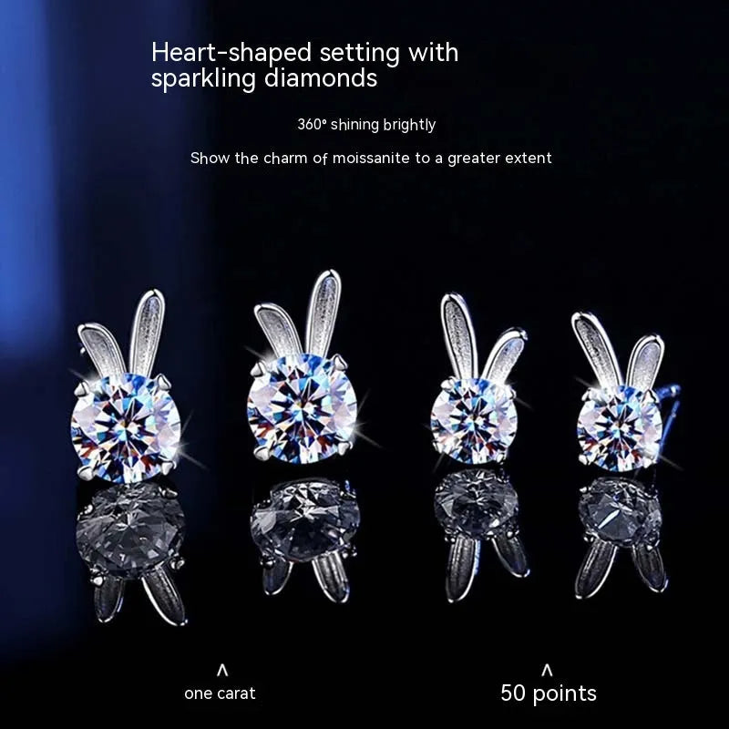 Rabbit moissanite sterling silver ear studs 925 silver 1 karat option
