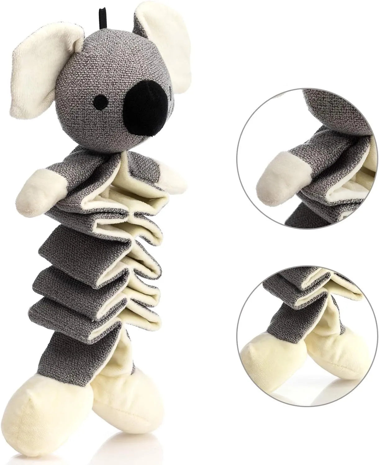 Grey koala dog chew toy with squeaker and crinkle paper, measuring 30cm long.