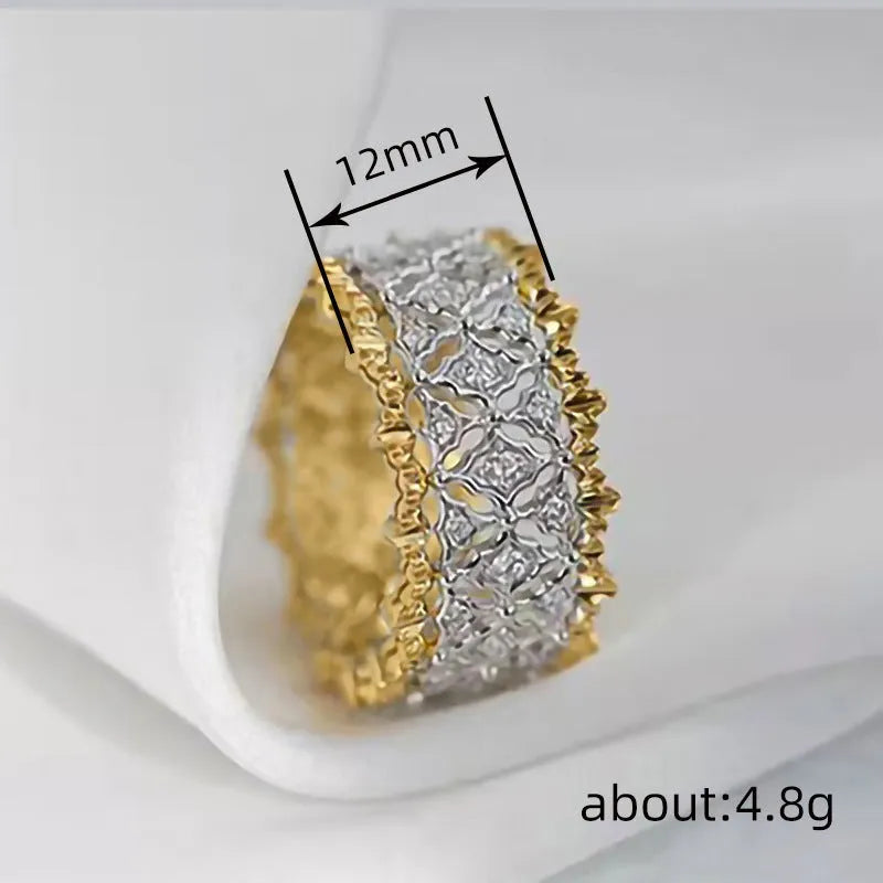 Geometric two-tone gold zircon ring with round elements on copper construction