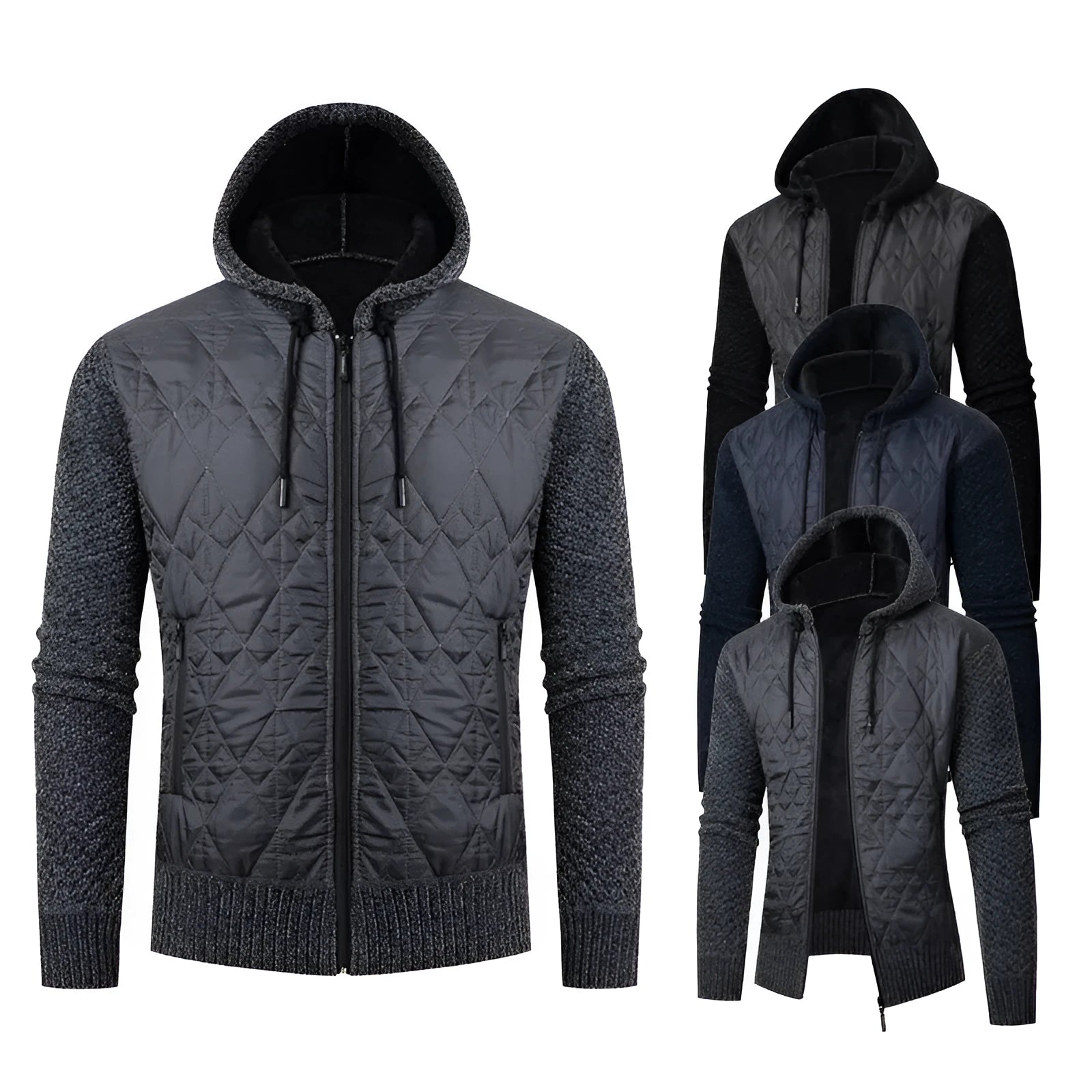 Man wearing a gray hooded wool corduroy cardigan coat with a cinched waist
