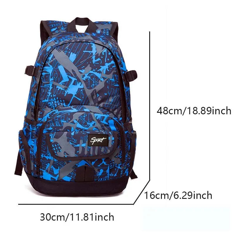 Classic blue and red nylon backpacks showing large capacity design for school and travel.