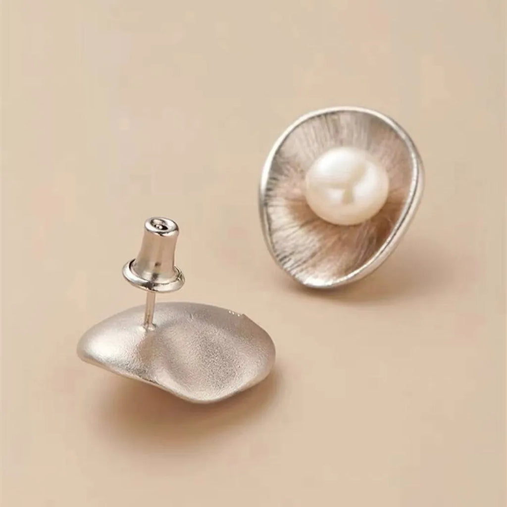 Pearl sterling silver geometric earrings with gold electroplated finish