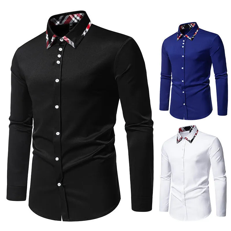Blue, black, and white men's plaid long sleeve shirt with a triangle collar on a hanger.