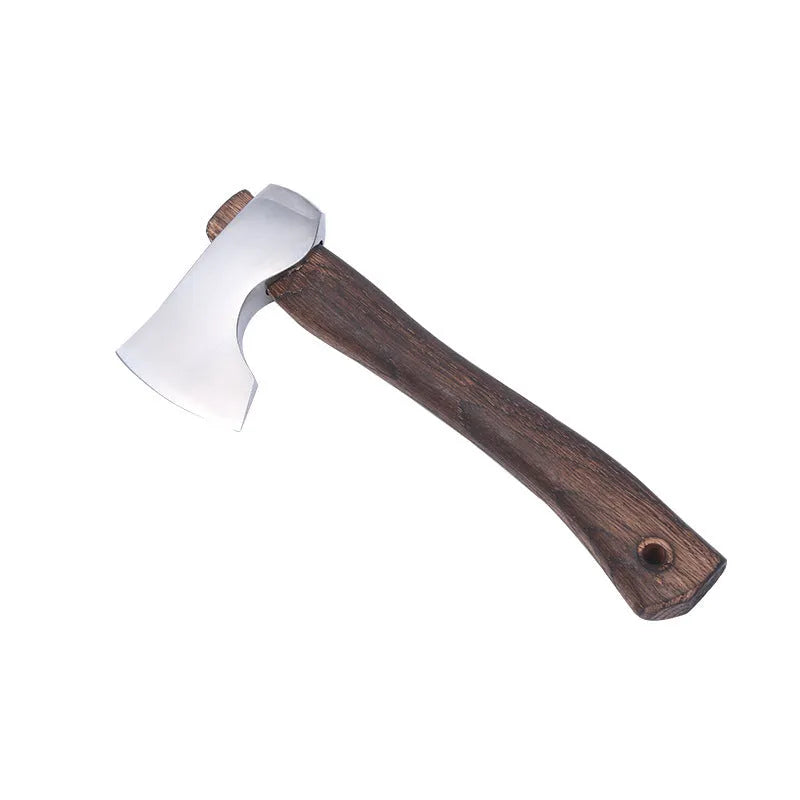 Camping axe with wooden handle and high carbon steel blade measuring 250mm long