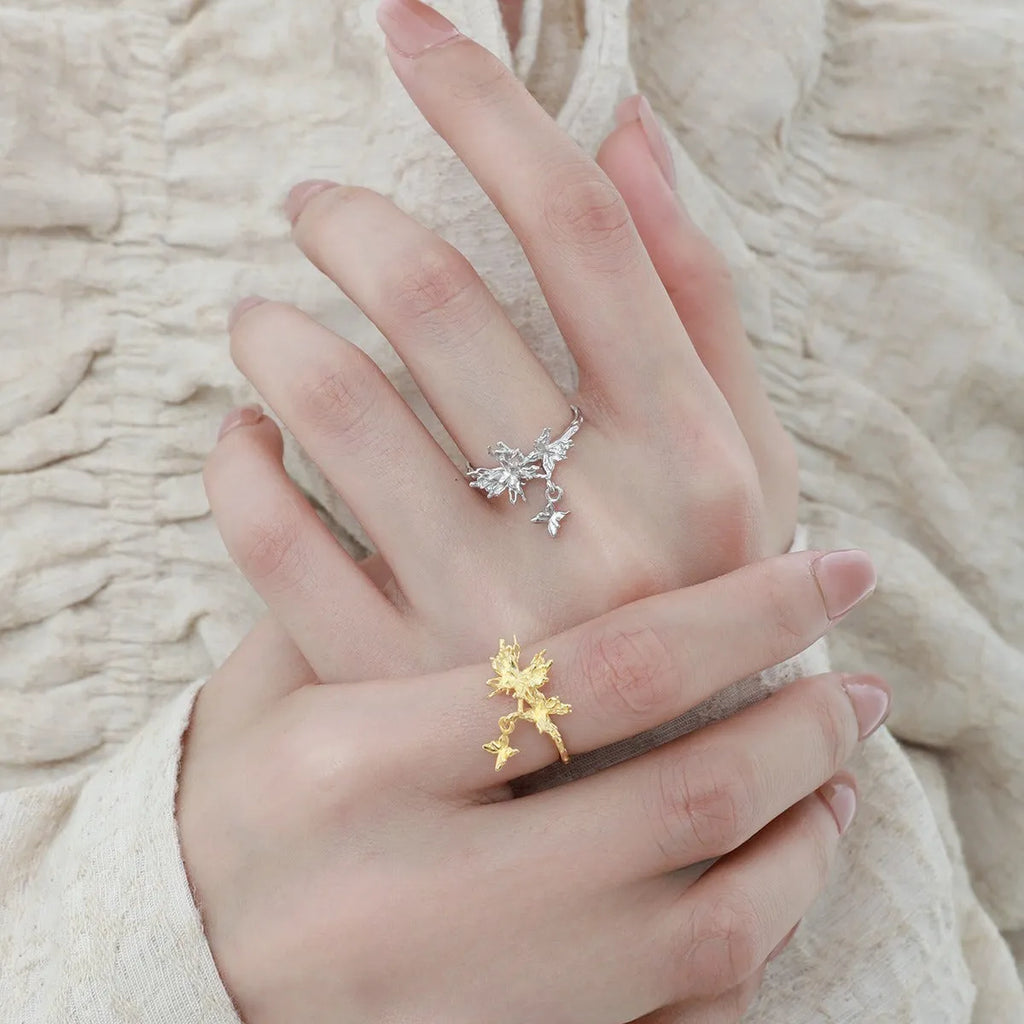 Silver butterfly ring with adjustable opening in electroplated white gold or 18K gold colour