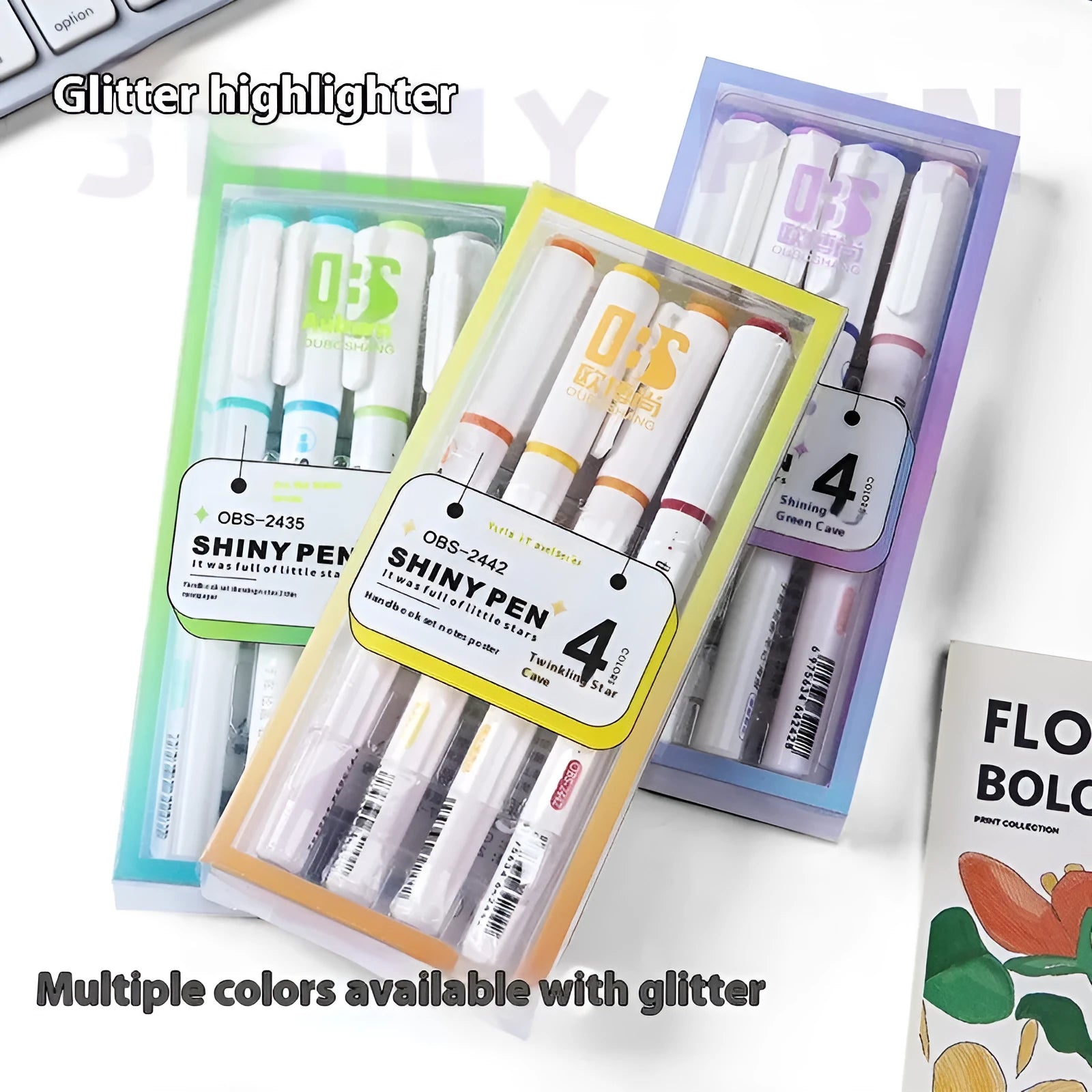 Set of four Sparkling Star River glitter fluorescent highlighter pens with slanted tips in assorted colours.
