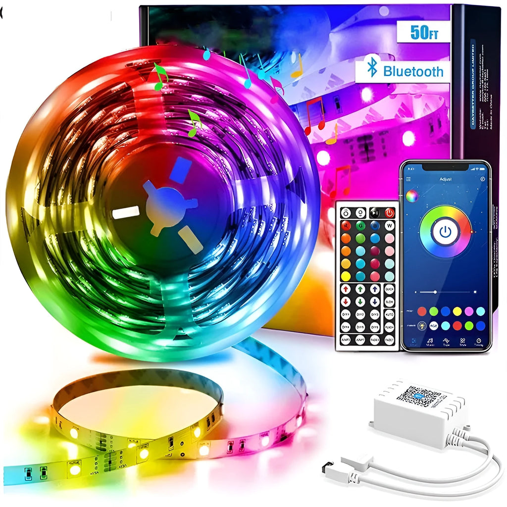5050 RGB LED strip light set with Bluetooth remote controller and power adapter on white background
