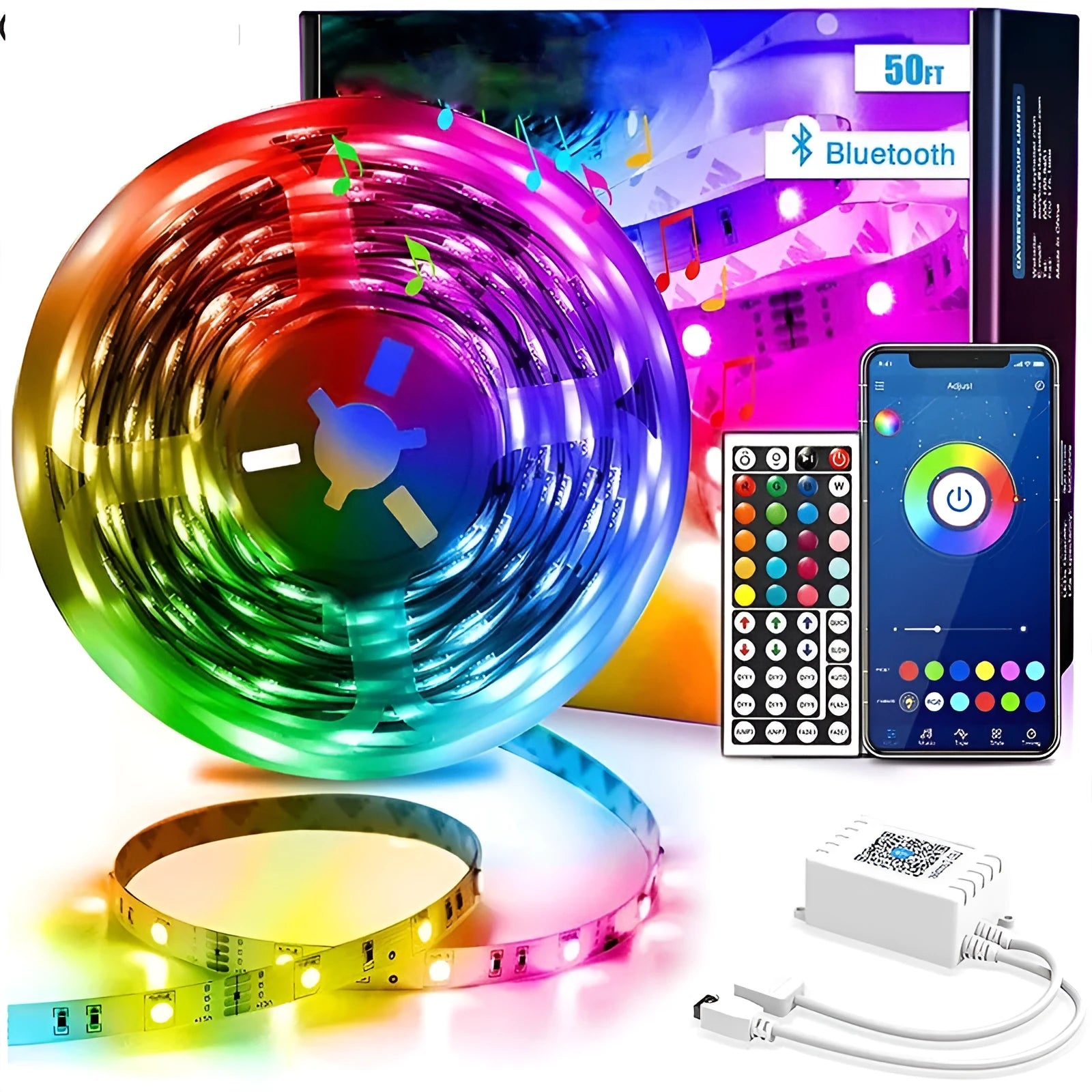 5050 RGB LED strip light set with Bluetooth remote controller and power adapter on white background