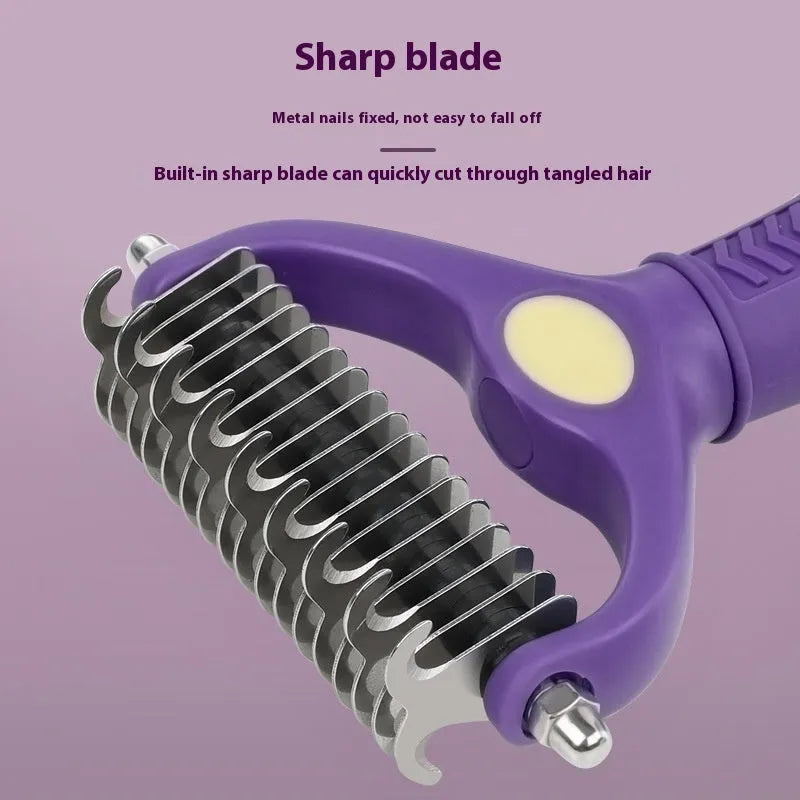 Purple double-sided plastic pet comb for detangling knots from cat or dog fur