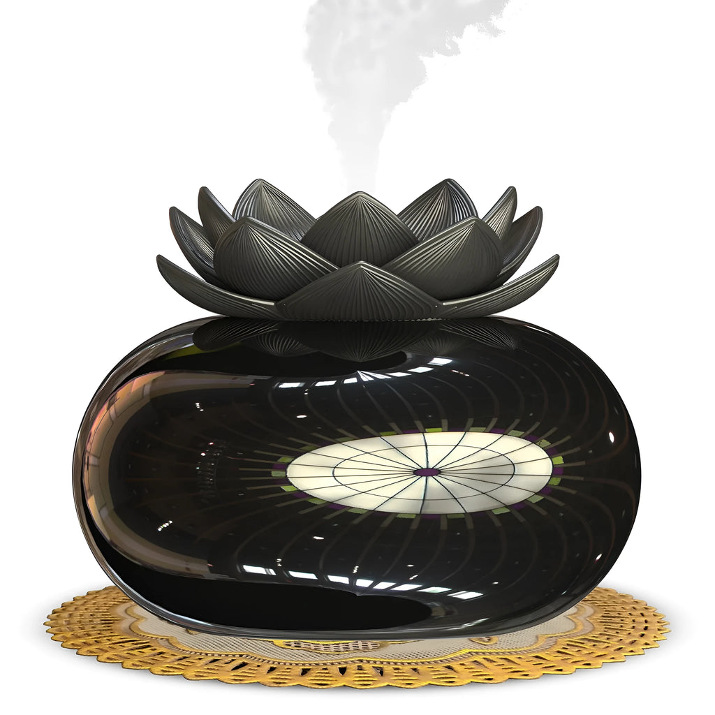 Pure black round Lotus ultrasonic humidifier with USB cable and ceramic base