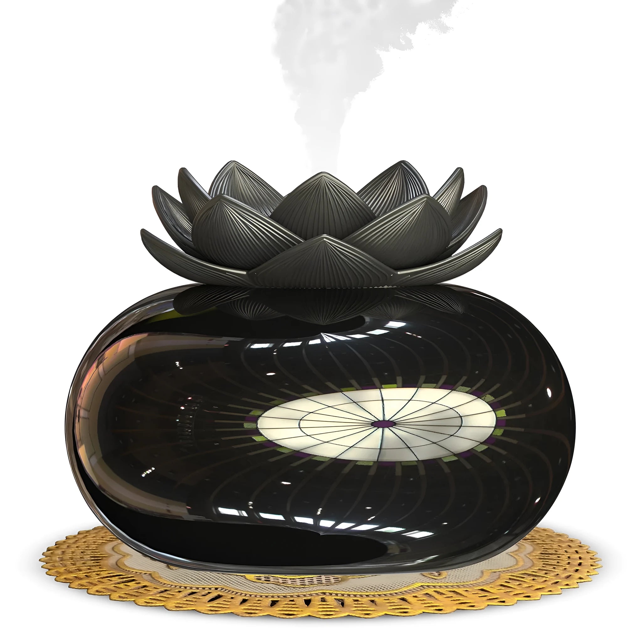 Pure black round Lotus ultrasonic humidifier with USB cable and ceramic base