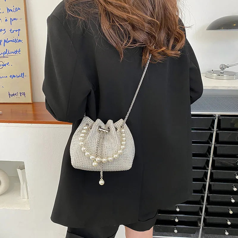 Light diamond western style shoulder bag crossbody with chain strap in soft PU leather bucket design