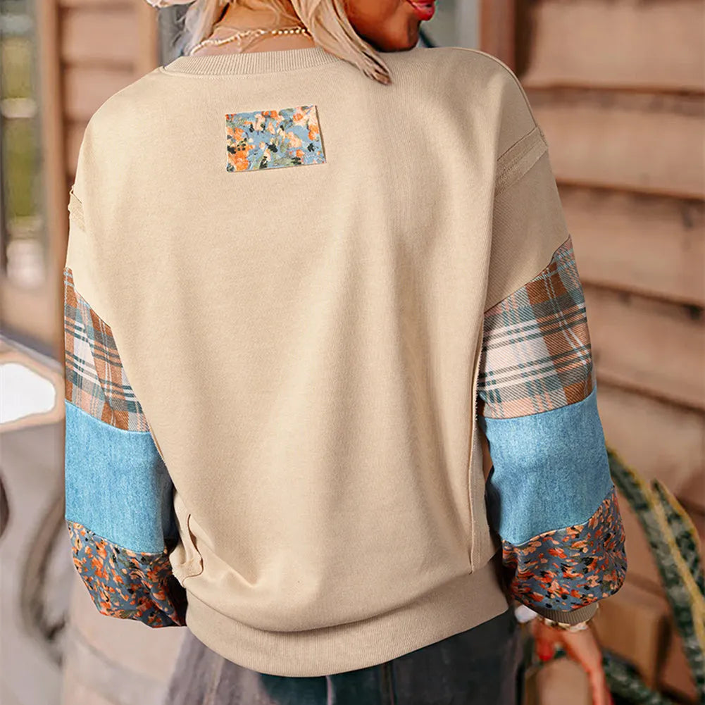Women's loose fit long sleeve top with plaid stripe pattern stitching in apricot colour