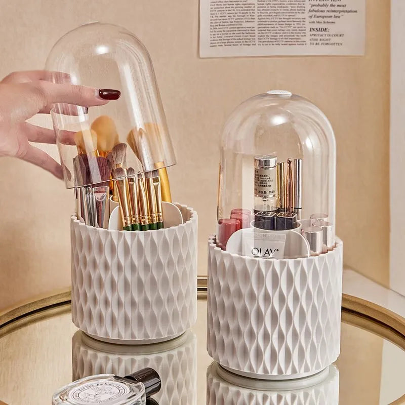 White acrylic makeup brush storage box with transparent dust cover and rotating design
