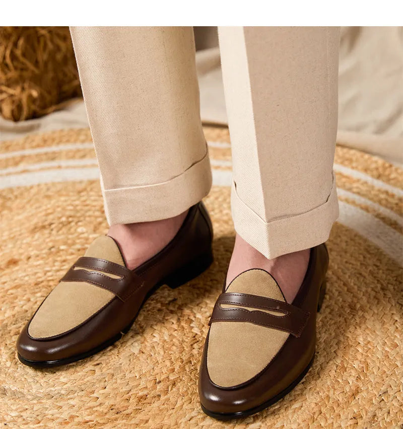 Coffee grey suede leather British-style slip-on loafers with rubber sole