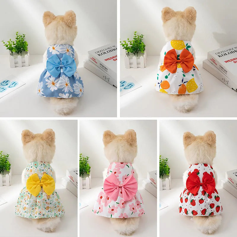 Ultra-thin summer pet dress with floral butterfly princess styling and decorative knot details