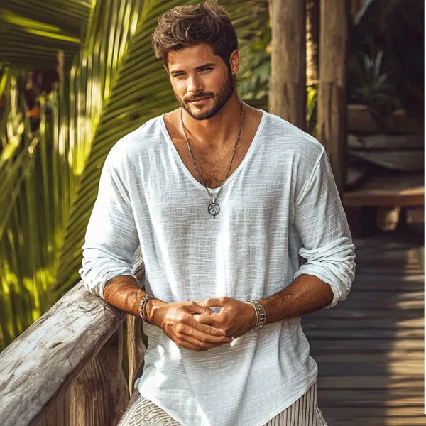 Beige V-neck long-sleeved slim fit T-shirt made from hemp-blend fabric.