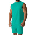 Men's sleeveless cotton blend sports top and shorts set in a solid colour on a mannequin.