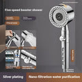 Silver portable shower head with chrome finish and multiple spray settings