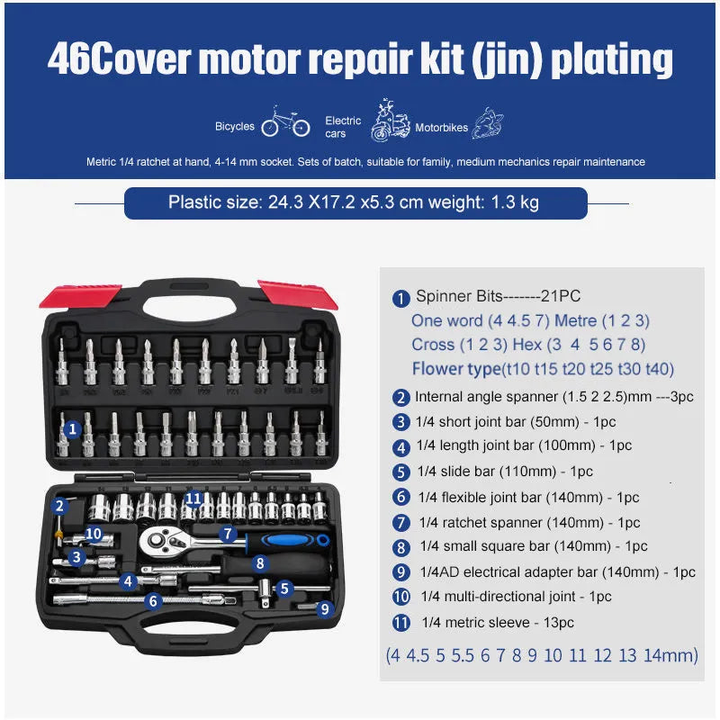 Chromium vanadium steel socket ratchet wrench set with multiple kit size options