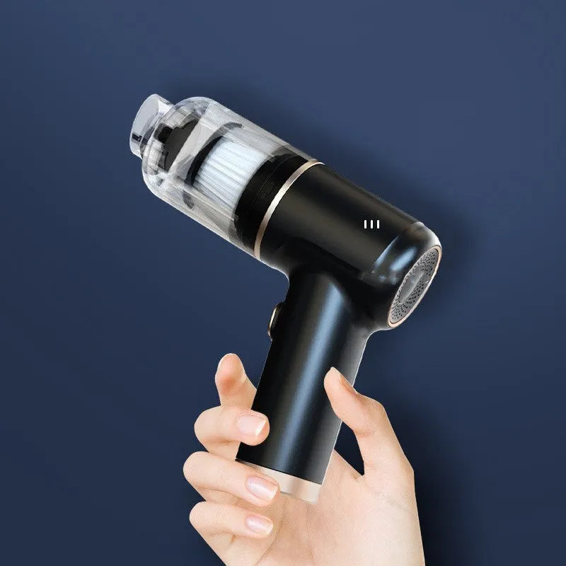Black wireless handheld vacuum cleaner with nozzle attachments for car and home cleaning