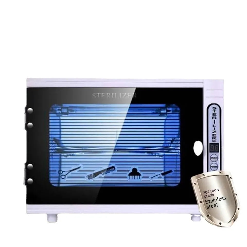 Small silver ultraviolet steriliser for nail salon and barber tools with stainless steel interior
