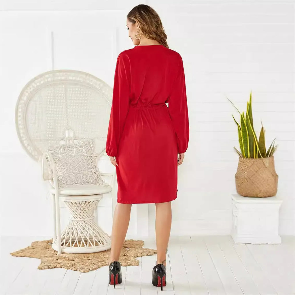 Women's black mid-length dress with elastic waist and belt, A-line skirt, long sleeves