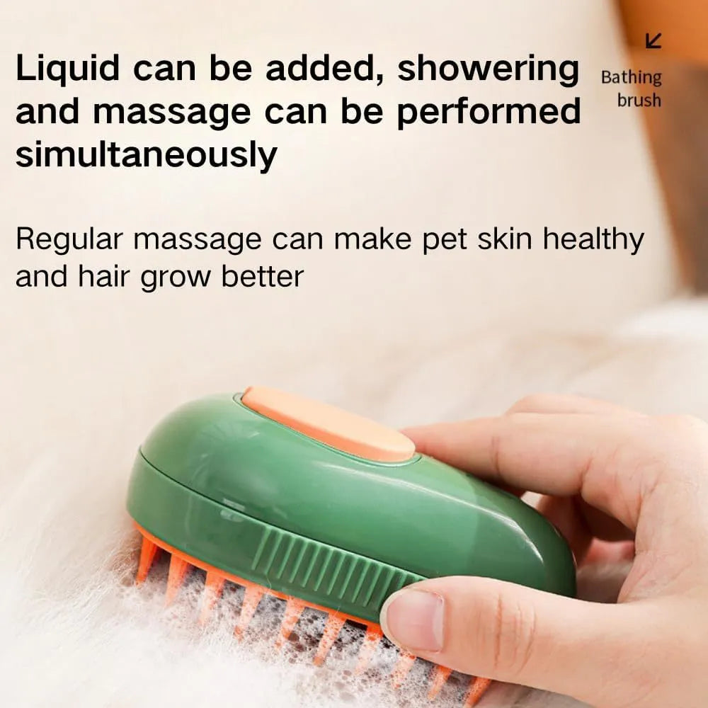 Green and white rechargeable cat steam brush with silicone bristles and water spray nozzle.