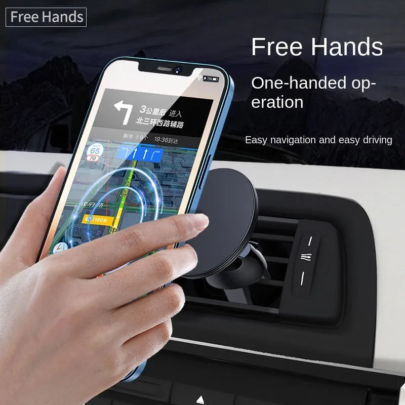 Black aluminium alloy magnetic car phone holder attached to car air vent