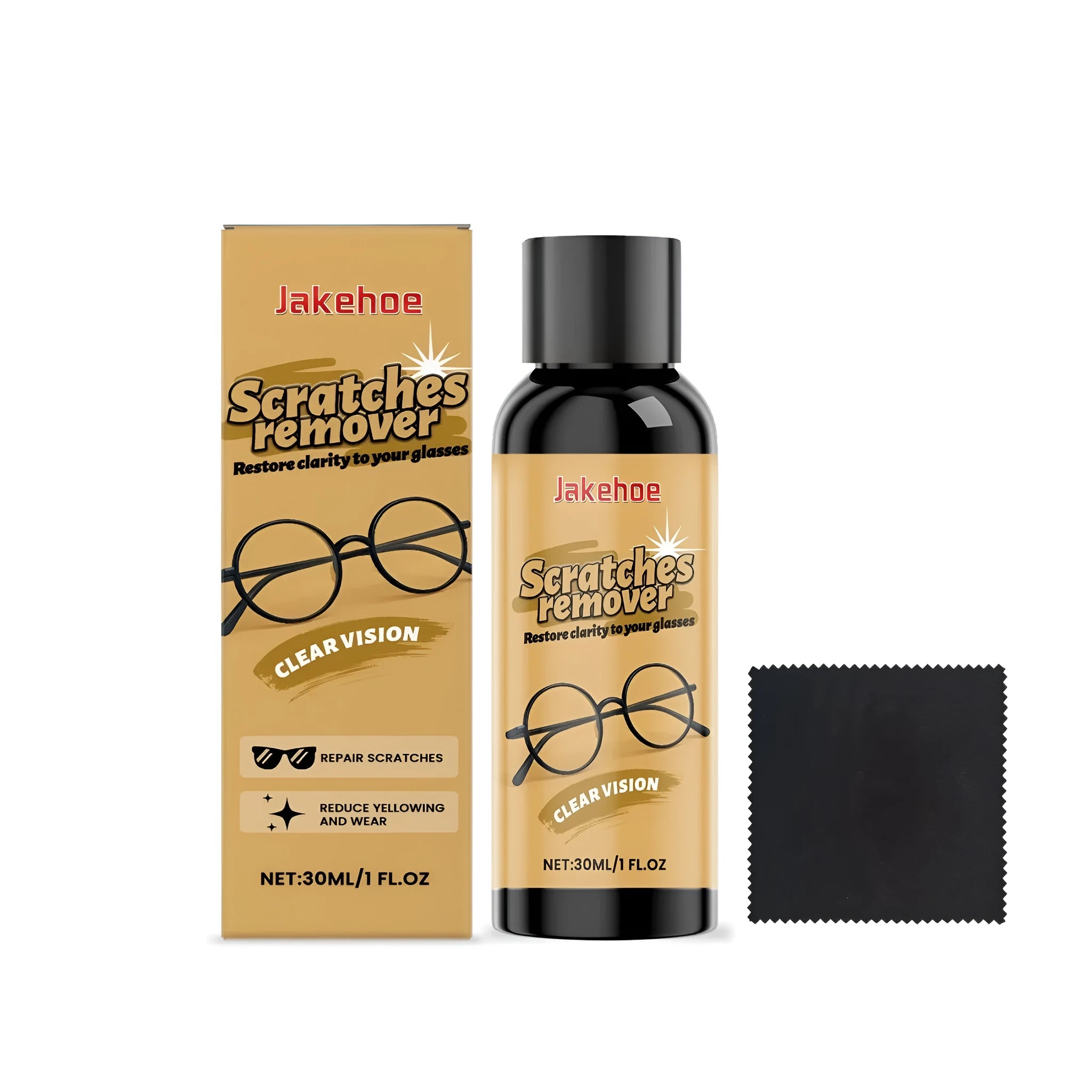 30ml glasses scratch remover bottle with a grey microfibre cloth placed beside it