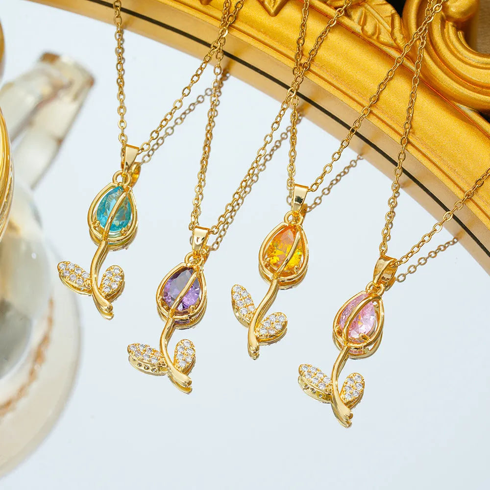 Zircon tulip necklace for women with adjustable chain in gold colour options