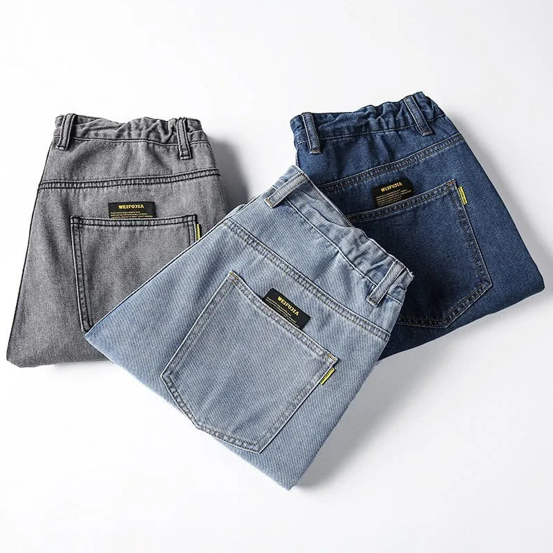 Men's loose straight jeans in dark blue, light blue and grey colour options