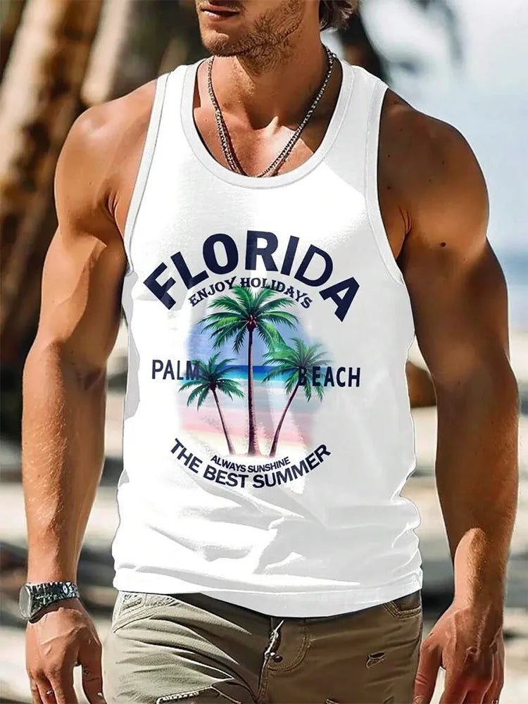 Men's solid colour polyester sleeveless vest or tank top on a hanger.