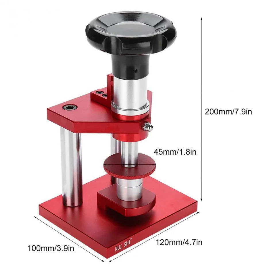 Watch back cover press tool with spiral mechanism and set of 20 plastic moulds for watch repair